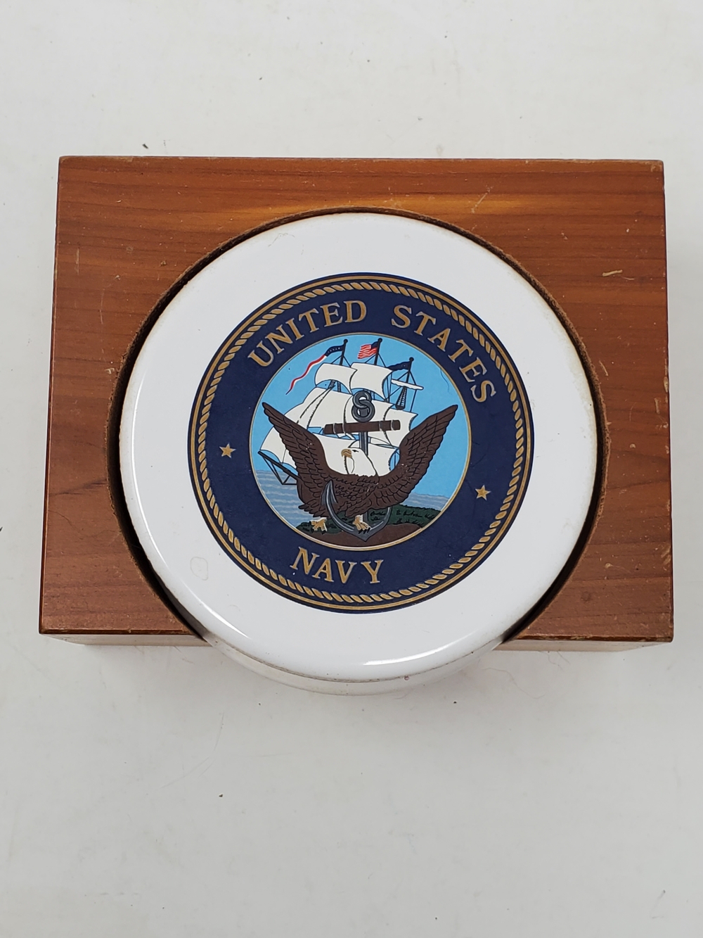 United States Navy Ceramic Coaster Set with Wooden Holder - White & Brown
